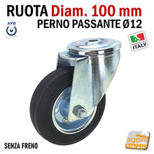Carica l'immagine nel visualizzatore di Gallery, RUOTA GOMMA NERA DIAMETRO 100MM GIREVOLE CON PERNO PASSANTE D12 NON FRENATA S112 AVO INDUSTRIA RUOTE ECONOMICA ROBUSTA SCORREVOLE