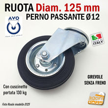 Carica l'immagine nel visualizzatore di Gallery, ruote per carrelli grandi italiane robuste economiche gomma nera d125mm aldo valsecchi avo piroettante perno forato passante zincata cromata