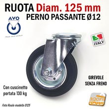 Carica l'immagine nel visualizzatore di Gallery, ruote per carrelli grandi italiane robuste economiche gomma nera d125mm aldo valsecchi avo piroettante perno forato passante no freno