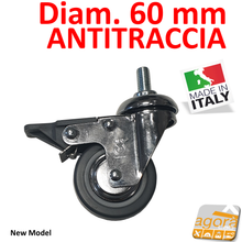 Carica l'immagine nel visualizzatore di Gallery, RUOTE RUOTA GIREVOLE DIAMETRO 60MM 6CM CON PERNO FILETTATO M10X20MM MA10 CROMATA GRIGIO ANTITRACCIA con FRENO AVO TREKI 220CBISB ORIGINALE NUOVA