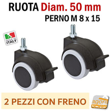 Carica l'immagine nel visualizzatore di Gallery, RUOTE CON PERNO FILETTATO M 8 X 15 MM RUOTA CON FRENO GIREVOLE D 50 mm GRIGIA DOPPIA SERIE ARREDAMENTO UFFICIO UFFICI ALTA