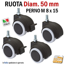 Carica l'immagine nel visualizzatore di Gallery, 4pz RUOTE CON PERNO FILETTATO M 8 X 15MM RUOTA CON FRENO SENZA FRENO GIREVOLE D.50mm GRIGIA d5CM