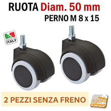 Carica l'immagine nel visualizzatore di Gallery, RUOTE CON PERNO FILETTATO M 8 X 15 MM RUOTA SENZA FRENO GIREVOLE D 50 mm GRIGIA DOPPIA SERIE ARREDAMENTO UFFICIO UFFICI ALTA PORTATA 65KG