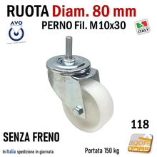 Carica l'immagine nel visualizzatore di Gallery, RUOTA GIREVOLE DIAMETRO 80MM CON PERNO FILETTATO M10 SENZA FRENO POLIAMMIDE ALTA PORTATA RUOTE AVO robusta originale