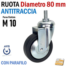 Carica l'immagine nel visualizzatore di Gallery, RUOTA ANTITRACCIA GIREVOLE DIAMETRO 80 MM CON PERNO FILETTATO METRICO M10 SENZA FRENO NERA 220BP-BISB RUOTE AVO CUSCINETTO ANTIMACCHIA ANTIFILO PER CARRELLI