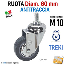 Carica l'immagine nel visualizzatore di Gallery, RUOTE RUOTA GIREVOLE DIAMETRO 60MM 6CM CON PERNO FILETTATO M10X20MM MA10 CROMATA GRIGIO ANTITRACCIA SENZA FRENO AVO TREKI 220CB ORIGINALE NUOVA