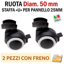 Carica l'immagine nel visualizzatore di Gallery, RUOTE CON STAFFA U X SPALLA 25MM RUOTA CON FRENO SENZA FRENO GIREVOLE D.50mm GRIGIA ruote x spalle mobili arredo