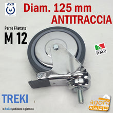 Carica l'immagine nel visualizzatore di Gallery, RUOTA GIREVOLE DIAMETRO 125 MM CON PERNO FILETTATO METRICO M12X25 CROMATA GOMMA GRIGIA ANTITRACCIA ANTIMACCHIA ANTIFILO SILENZIOSA ORIGINALE AVO CON FRENO SENZA FRENO TREKI 220CB 220CBISB RUOTE 13734 13469