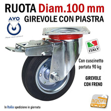 Load image into Gallery viewer, RUOTA GOMMA NERA DIAMETRO 100MM GIREVOLE CON PIASTRA CON FRENO SENZA FRENO S112 AVO INDUSTRIA RUOTE 80 103 aldo valsecchi spa ruote robuste alta portata per carrelli roll magazzino con cuscinetto con freno anteriore 103A