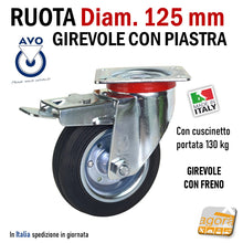 Carica l'immagine nel visualizzatore di Gallery, RUOTA GOMMA NERA DIAMETRO 125MM GIREVOLE CON PIASTRA CON FRENO FRENATA S112 AVO INDUSTRIA RUOTE 103