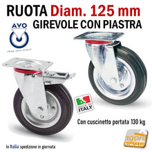 Carica l'immagine nel visualizzatore di Gallery, RUOTA GOMMA NERA DIAMETRO 125MM GIREVOLE CON PIASTRA CON FRENO SENZA FRENO S112 AVO INDUSTRIA RUOTE 80 103 wheels 2021 new