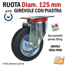 Carica l'immagine nel visualizzatore di Gallery, RUOTA GOMMA NERA DIAMETRO 125MM GIREVOLE CON PIASTRA SENZA FRENO S112 AVO INDUSTRIA RUOTE 80