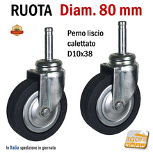 Carica l'immagine nel visualizzatore di Gallery, RUOTA GIREVOLE DIAMETRO 80MM CON PERNO LISCIO CALETTATO IN GOMMA NERA SENZA FRENO RUOTE PER CARRELLI STENDER alta portata grande diametro adatta per essere inserita a martello nelle boccole in nylon teflon per tubolari tondi
