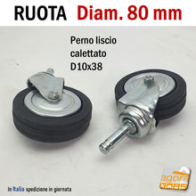 Carica l'immagine nel visualizzatore di Gallery, RUOTA GIREVOLE DIAMETRO 80MM CON PERNO LISCIO CALETTATO IN GOMMA NERA SENZA FRENO RUOTE PER CARRELLI STENDER