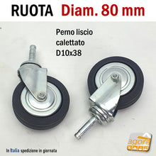 Carica l'immagine nel visualizzatore di Gallery, Ruote in Gomma nera acciaio cromato zincato su cuscinetti gomma nera zigrinata per ricambio su boccola in nylon foro 10mm