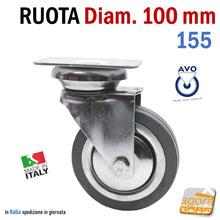 Carica l'immagine nel visualizzatore di Gallery, RUOTA GIREVOLE IN GOMMA GRIGIA DIAMETRO 100 MM 10CM CON PIASTRA 90x70MM CON FRENO E SENZA FRENO RUOTE AVO SERIE 155 - 155BIS CROMATA ANTITRACCIA ANTIFILO ANTIMACCHIA SU CUSCINETTI RICAMBIO SENZA FRENO