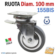 Carica l'immagine nel visualizzatore di Gallery, RUOTE ROBUSTE PER NEGOZI COMMERCIO E OSPEDALI RUOTA GIREVOLE IN GOMMA GRIGIA DIAMETRO 100 MM 10CM CON PIASTRA 90x70MM CON FRENO E SENZA FRENO RUOTE AVO SERIE 155 - 155BIS CROMATA ANTITRACCIA ANTIFILO ANTIMACCHIA SU CUSCINETTI