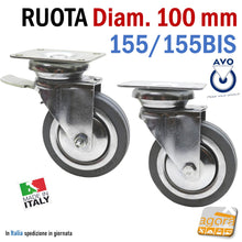 Carica l'immagine nel visualizzatore di Gallery, RUOTA GIREVOLE IN GOMMA GRIGIA DIAMETRO 100 MM 10CM CON PIASTRA 90x70MM CON FRENO E SENZA FRENO RUOTE AVO SERIE 155 - 155BIS CROMATA ANTITRACCIA ANTIFILO ANTIMACCHIA SU CUSCINETTI