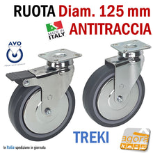 Carica l'immagine nel visualizzatore di Gallery, RUOTA GIREVOLE D 125 mm GRIGIA CON PIASTRA 60x60 ANTITRACCIA CROMATA AVO TREKI 220C RUOTE valsecchi senza freno antimacchia antifilo silenziosa su cuscinetti SC220CBISB con freno