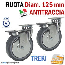 Carica l'immagine nel visualizzatore di Gallery, RUOTA GIREVOLE D125mm GRIGIA CON PIASTRA 60x60 ANTITRACCIA CROMATA AVO TREKI 220C-BIS RUOTE MADE IN ITALY ORIGINALI RICAMBIO DISTRIBUTORE