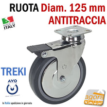 Carica l'immagine nel visualizzatore di Gallery, RUOTA GIREVOLE D125mm GRIGIA CON PIASTRA 60x60 ANTITRACCIA CROMATA AVO TREKI 220C-BIS RUOTE ARREDAMENTO FRENATA