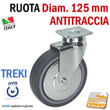 Carica l'immagine nel visualizzatore di Gallery, RUOTA GIREVOLE D 125 mm GRIGIA CON PIASTRA 60x60 ANTITRACCIA CROMATA AVO TREKI 220C RUOTE valsecchi senza freno antimacchia antifilo silenziosa su cuscinetti