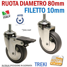 Carica l'immagine nel visualizzatore di Gallery, avo ruote ruota x uso commerciale nei locali o negozi ruota antigraffio antitraccia fatta di gomma grigio treki cromata con diametro 80mm filetto 10 h 20 filetto 12 h 25 adatte a carichi leggeri