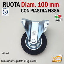 Carica l'immagine nel visualizzatore di Gallery, RUOTA GOMMA NERA DIAMETRO 100MM FISSA CON PIASTRA SENZA FRENO S112 AVO 80A INDUSTRIA RUOTE DIAMETRO 10 CM Ø100MM ALTA PORTATA AVO ALDO VALSECCHI FOTO REALE