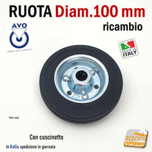 Carica l'immagine nel visualizzatore di Gallery, RUOTA GOMMA NERA DIAMETRO 100MM SCIOLTA 112 PER RICAMBI GIREVOLE CON PERNO PASSANTE CUSCINETTI S112 AVO INDUSTRIA RUOTE ricambio per carrelli e magazzino
