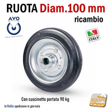 Carica l'immagine nel visualizzatore di Gallery, RUOTA GOMMA NERA DIAMETRO 100MM SCIOLTA 112 PER RICAMBI GIREVOLE CON PERNO PASSANTE CUSCINETTI S112 AVO INDUSTRIA RUOTE