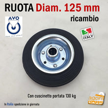 Carica l'immagine nel visualizzatore di Gallery, RUOTA GOMMA NERA DIAMETRO 125MM SCIOLTA 112 PER RICAMBI GIREVOLE CON PERNO PASSANTE CUSCINETTI S112 AVO INDUSTRIA RUOTE