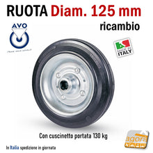 Carica l'immagine nel visualizzatore di Gallery, RUOTA GOMMA NERA DIAMETRO 125MM SCIOLTA 112 PER RICAMBI GIREVOLE CON PERNO PASSANTE CUSCINETTI S112 AVO INDUSTRIA RUOTE PER MAGAZZINO INDUSTRIA CARRELLI RICAMBIO PIENA