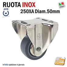 Carica l'immagine nel visualizzatore di Gallery, RUOTA INOX AISI304 AVO 250XA CON PIASTRA 60x60 GRIGIA ANTITRACCIA D50mm RUOTE