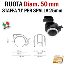 Carica l'immagine nel visualizzatore di Gallery, RUOTE CON STAFFA U X SPALLA 25MM RUOTA CON FRENO SENZA FRENO GIREVOLE D.50mm GRIGIA ruota doppia