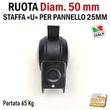 Carica l'immagine nel visualizzatore di Gallery, RUOTE CON STAFFA U X SPALLA 25MM RUOTA CON FRENO SENZA FRENO GIREVOLE D.50mm staffa u 2,5cm