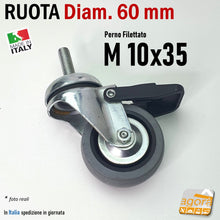 Carica l'immagine nel visualizzatore di Gallery, ruota girevole frenata con freno diametro 60mm 63mm grigia perno filettato metrico m 10 x 35mm lungo piroettante cromata per arredamenti