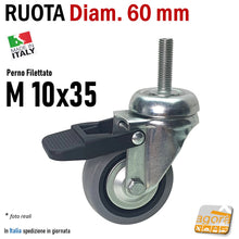 Carica l'immagine nel visualizzatore di Gallery, RUOTA GIREVOLE DIAM.60MM CON PERNO M10X35 CROMATA GRIGIO ANTITRACCIA CON FRENO SENZA FRENO RUOTE Ø63