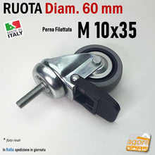 Carica l'immagine nel visualizzatore di Gallery, ruota girevole frenata con freno diametro 60mm 63mm grigia perno filettato metrico m 10 x 35mm lungo piroettante cromata arredo contract design ospedaliero ufficio