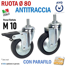 Carica l'immagine nel visualizzatore di Gallery, RUOTA ANTITRACCIA GIREVOLE DIAMETRO 80MM CON PERNO FILETTATO M10 CON FRENO SENZA FRENO NERA 220BP-BISB RUOTE AVO