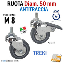 Carica l'immagine nel visualizzatore di Gallery, RUOTA GIREVOLE DIAMETRO D 50 MM D 5 CM CON PERNO FILETTATO FILETTO METRICO M 8 X15 CROMATA GRIGIO ANTITRACCIA ANTIMACCHIA AVO TREKI 220CB - CBISB RUOTE 8018793134743