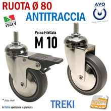 Carica l'immagine nel visualizzatore di Gallery, RUOTA ANTITRACCIA GIREVOLE DIAMETRO 80MM CON PERNO FILETTATO M10 CON FRENO SENZA FRENO CROMATA GRIGIO TREKI RUOTE