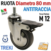 Carica l'immagine nel visualizzatore di Gallery, ruote girevoli avo treki gomma antitraccia antimacchia silenziosa cuscinetti diametro 80 grigia perno filettato M12mm con freno frenata ruota