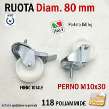 Carica l'immagine nel visualizzatore di Gallery, Ruote per carrelli robuste piccole media poliammide economiche con freno e perno filetto metrico MA10