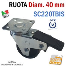 Carica l'immagine nel visualizzatore di Gallery, RUOTE RUOTA GIREVOLE D40mm NERA CON PIASTRA 40x40 AVO SC220T CON FRENO