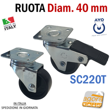 Carica l'immagine nel visualizzatore di Gallery, RUOTE RUOTA GIREVOLE D40mm NERA CON PIASTRA 40x40 AVO SC220T CON FRENO - SENZA FRENO