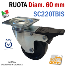 Carica l'immagine nel visualizzatore di Gallery, RUOTE RUOTA GIREVOLE Diametro 60mm NERA CON PIASTRA 40x40 AVO SC220T CON FRENO AVO originale