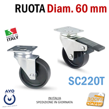 Carica l'immagine nel visualizzatore di Gallery, RUOTE RUOTA GIREVOLE Diametro 60mm NERA CON PIASTRA 40x40 AVO SC220T CON FRENO O SENZA FRENO AVO