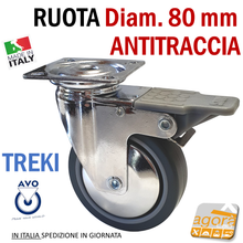Carica l'immagine nel visualizzatore di Gallery, RUOTE RUOTA GIREVOLE D80mm GRIGIA CON PIASTRA 60x60 ANTITRACCIA CROMATA AVO TREKI con freno