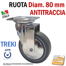 Carica l'immagine nel visualizzatore di Gallery, RUOTE RUOTA GIREVOLE D80mm GRIGIA CON PIASTRA 60x60 ANTITRACCIA CROMATA AVO TREKI senza freno