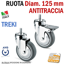 Carica l'immagine nel visualizzatore di Gallery, RUOTA GIREVOLE DIAMETRO 125MM CON PERNO M12X25 CROMATA GRIGIO ANTITRACCIA CON FRENO SENZA FRENO TREKI AVO
